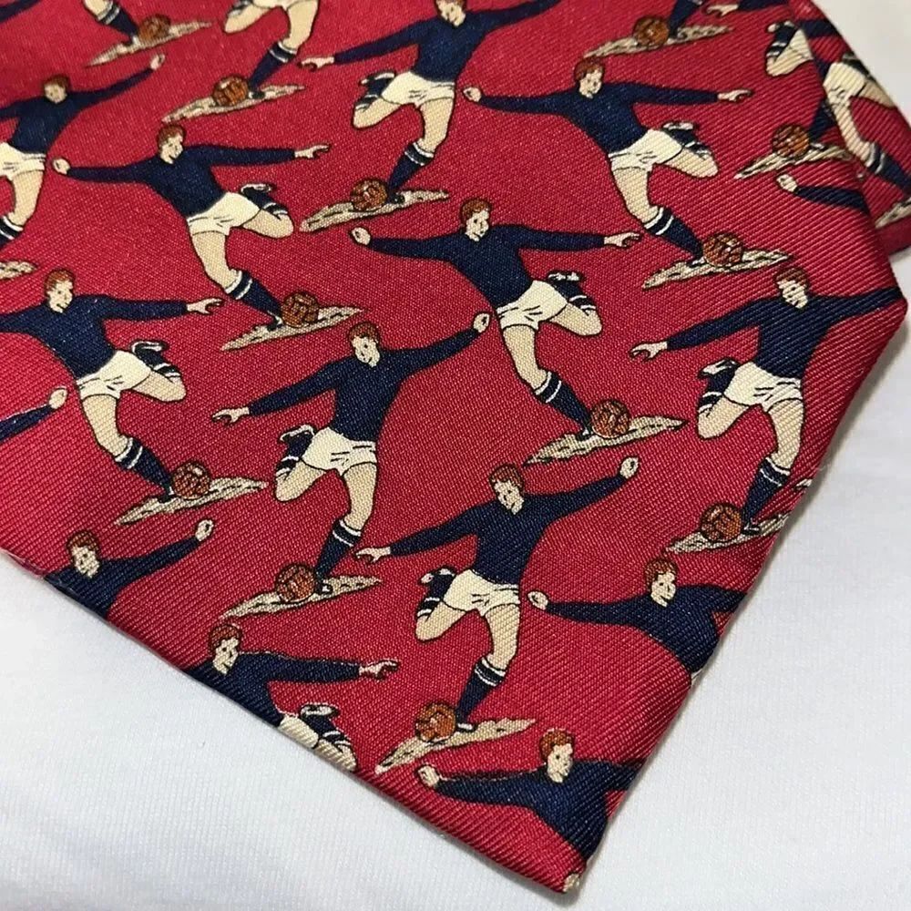 Red Faconnable Men’s Vintage soccer print 100% silk france made retro neck tie